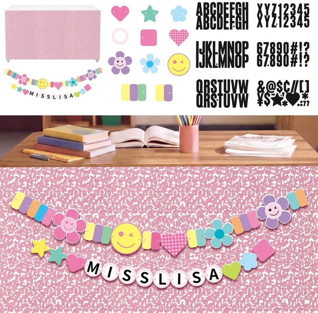 Main image of Pink Teacher Desk Skirt Sticker with Smile Face Garland Peel & Stick DIY Teacher Desk Wrap, Waterproof Cute Pastel Table Skirt with Smile Face Banner, Back to School Classroom Decor, 71"x24"