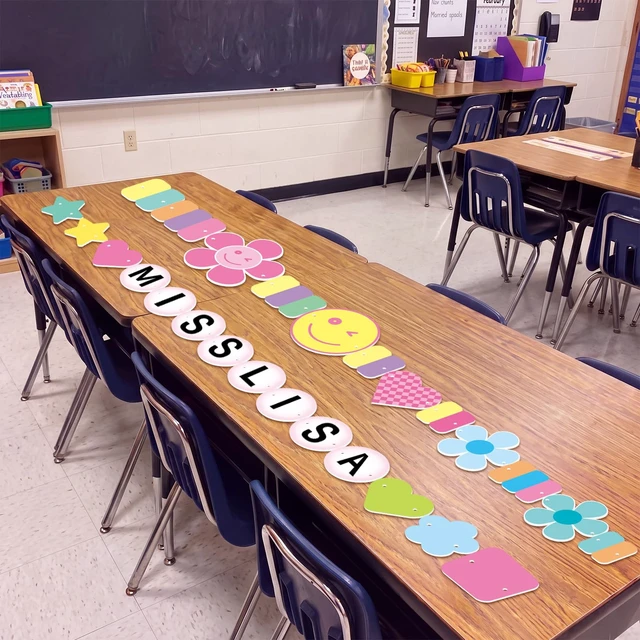Alt view image 3 of 6 - Pink Teacher Desk Skirt Sticker with Smile Face Garland Peel & Stick DIY Teacher Desk Wrap, Waterproof Cute Pastel Table Skirt with Smile Face Banner, Back to School Classroom Decor, 71"x24"