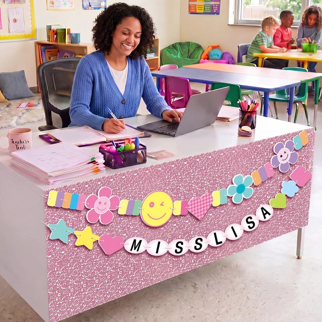Alt view image 2 of 6 - Pink Teacher Desk Skirt Sticker with Smile Face Garland Peel & Stick DIY Teacher Desk Wrap, Waterproof Cute Pastel Table Skirt with Smile Face Banner, Back to School Classroom Decor, 71"x24"