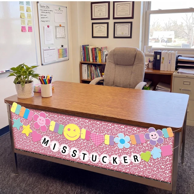 Alt view image 4 of 6 - Pink Teacher Desk Skirt Sticker with Smile Face Garland Peel & Stick DIY Teacher Desk Wrap, Waterproof Cute Pastel Table Skirt with Smile Face Banner, Back to School Classroom Decor, 71"x24"