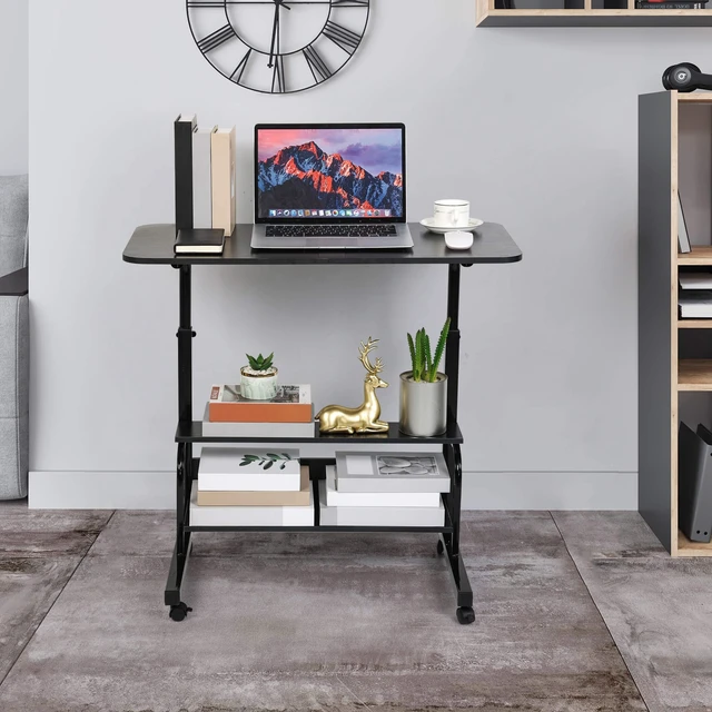 Alt view image 2 of 7 - Rolling Adjustable Height Laptop Desk Black 2-Tier Storage Workstation 28-40in Height Adjustment,Rolling Casters,2-Tier Storage Shelves,Waterproof Tabletop,Black Over Bed Home Office Desk