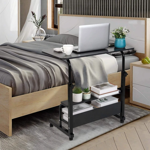 Alt view image 3 of 7 - Rolling Adjustable Height Laptop Desk Black 2-Tier Storage Workstation 28-40in Height Adjustment,Rolling Casters,2-Tier Storage Shelves,Waterproof Tabletop,Black Over Bed Home Office Desk