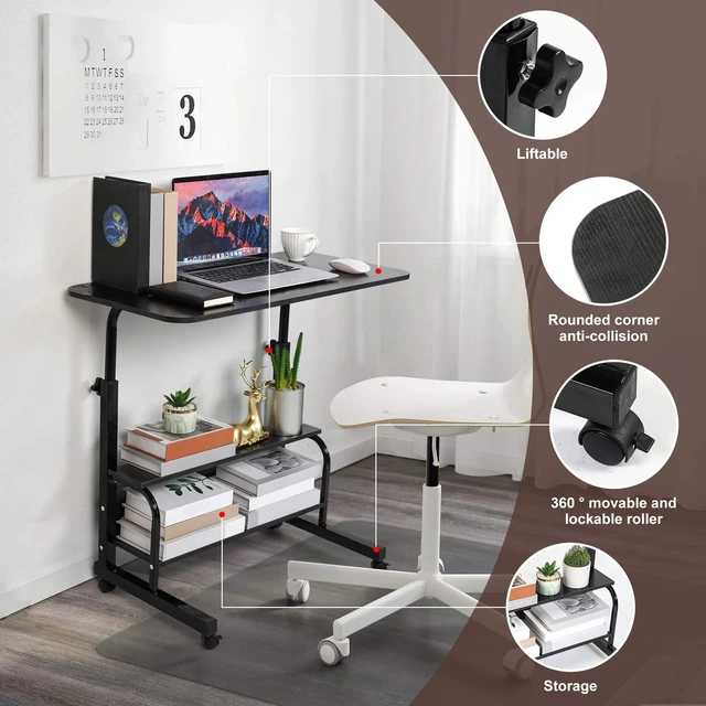 Alt view image 5 of 7 - Rolling Adjustable Height Laptop Desk Black 2-Tier Storage Workstation 28-40in Height Adjustment,Rolling Casters,2-Tier Storage Shelves,Waterproof Tabletop,Black Over Bed Home Office Desk