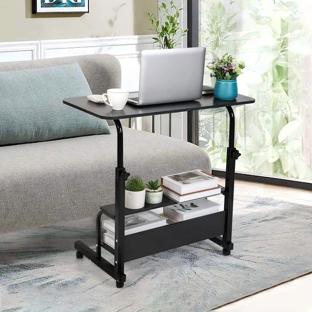 Alt view image 4 of 7 - Rolling Adjustable Height Laptop Desk Black 2-Tier Storage Workstation 28-40in Height Adjustment,Rolling Casters,2-Tier Storage Shelves,Waterproof Tabletop,Black Over Bed Home Office Desk