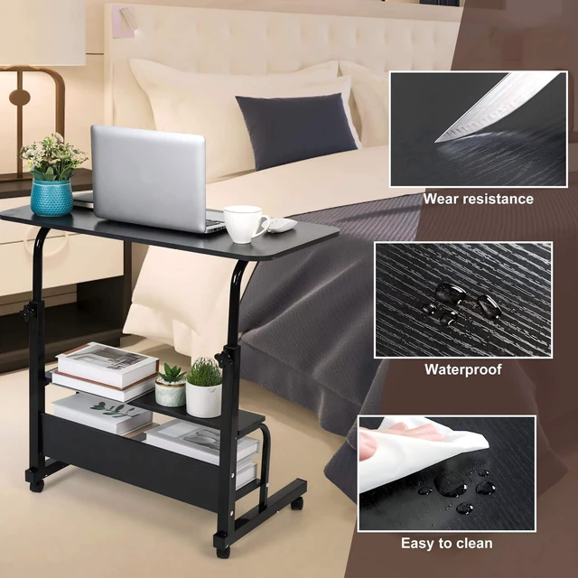 Alt view image 6 of 7 - Rolling Adjustable Height Laptop Desk Black 2-Tier Storage Workstation 28-40in Height Adjustment,Rolling Casters,2-Tier Storage Shelves,Waterproof Tabletop,Black Over Bed Home Office Desk