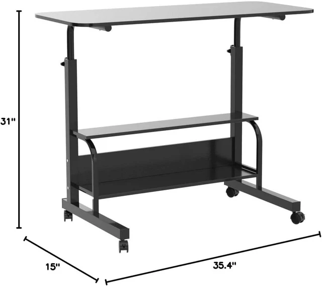 Alt view image 7 of 7 - Rolling Adjustable Height Laptop Desk Black 2-Tier Storage Workstation 28-40in Height Adjustment,Rolling Casters,2-Tier Storage Shelves,Waterproof Tabletop,Black Over Bed Home Office Desk
