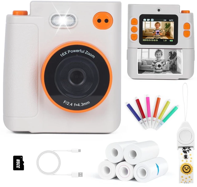 Main image of Kids Camera Instant Print, Gifts for Age 3-12 Kids, 5 Rolls Paper 1080P Dual-Lens HD 32G TF Card Selfie Toddler Digital Camera, Christmas Birthday Gifts for Age Boys & Girls (White)