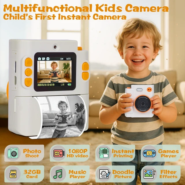 Alt view image 2 of 7 - Kids Camera Instant Print, Gifts for Age 3-12 Kids, 5 Rolls Paper 1080P Dual-Lens HD 32G TF Card Selfie Toddler Digital Camera, Christmas Birthday Gifts for Age Boys & Girls (White)