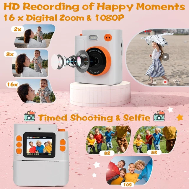 Alt view image 3 of 7 - Kids Camera Instant Print, Gifts for Age 3-12 Kids, 5 Rolls Paper 1080P Dual-Lens HD 32G TF Card Selfie Toddler Digital Camera, Christmas Birthday Gifts for Age Boys & Girls (White)