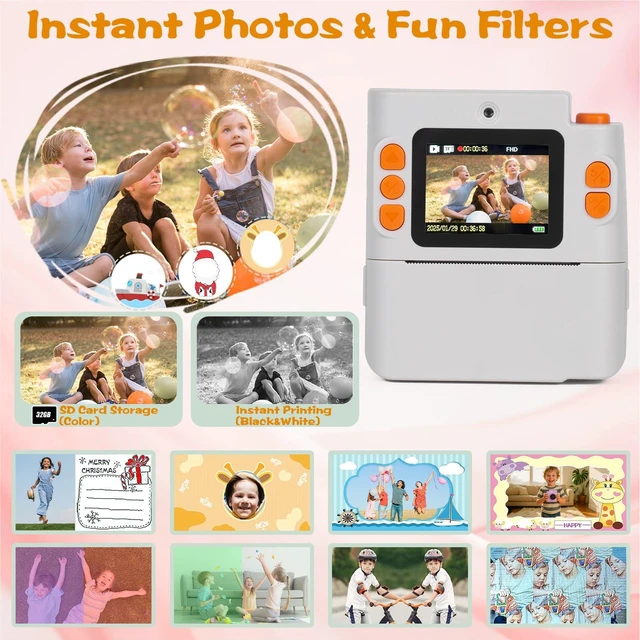 Alt view image 4 of 7 - Kids Camera Instant Print, Gifts for Age 3-12 Kids, 5 Rolls Paper 1080P Dual-Lens HD 32G TF Card Selfie Toddler Digital Camera, Christmas Birthday Gifts for Age Boys & Girls (White)