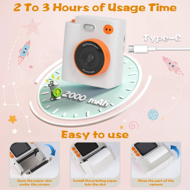 Alt view image 7 of 7 - Kids Camera Instant Print, Gifts for Age 3-12 Kids, 5 Rolls Paper 1080P Dual-Lens HD 32G TF Card Selfie Toddler Digital Camera, Christmas Birthday Gifts for Age Boys & Girls (White)