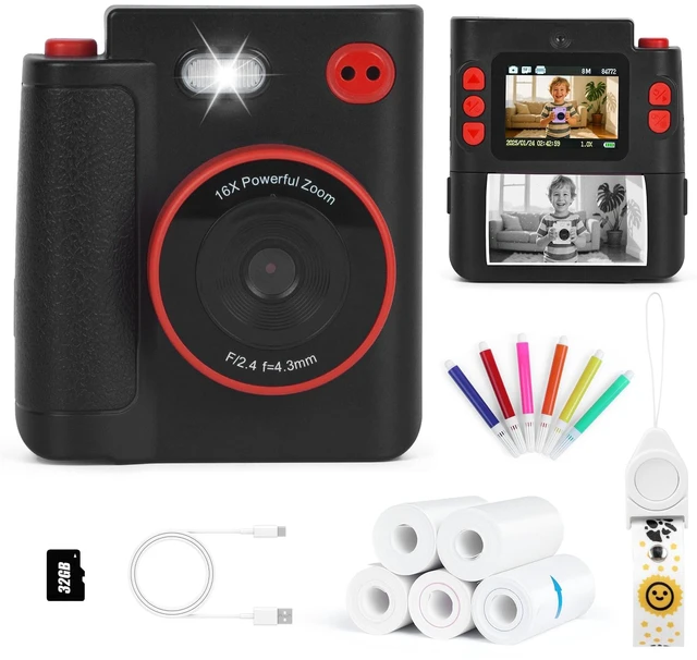 Main image of Kids Camera Instant Print, Gifts for Age 3-12 Kids, 5 Rolls Paper 1080P Dual-Lens HD 32G TF Card Selfie Toddler Digital Camera, Christmas Birthday Gifts for Age Boys & Girls (Black)