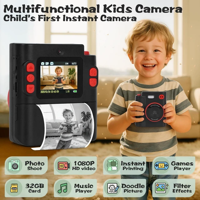 Alt view image 2 of 7 - Kids Camera Instant Print, Gifts for Age 3-12 Kids, 5 Rolls Paper 1080P Dual-Lens HD 32G TF Card Selfie Toddler Digital Camera, Christmas Birthday Gifts for Age Boys & Girls (Black)