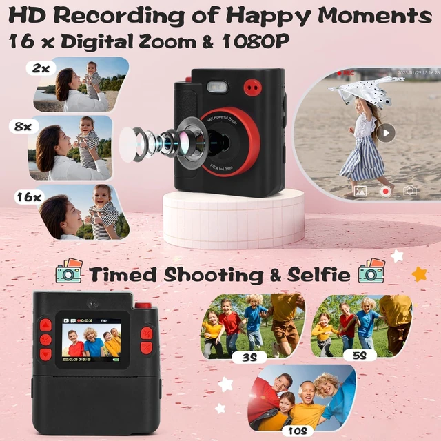 Alt view image 3 of 7 - Kids Camera Instant Print, Gifts for Age 3-12 Kids, 5 Rolls Paper 1080P Dual-Lens HD 32G TF Card Selfie Toddler Digital Camera, Christmas Birthday Gifts for Age Boys & Girls (Black)