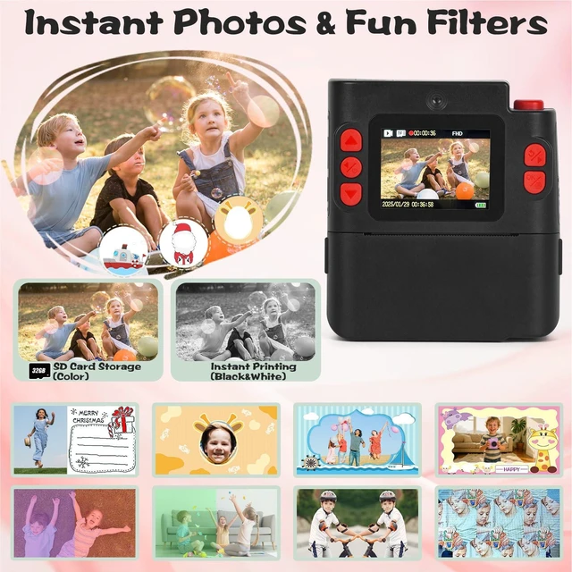 Alt view image 4 of 7 - Kids Camera Instant Print, Gifts for Age 3-12 Kids, 5 Rolls Paper 1080P Dual-Lens HD 32G TF Card Selfie Toddler Digital Camera, Christmas Birthday Gifts for Age Boys & Girls (Black)