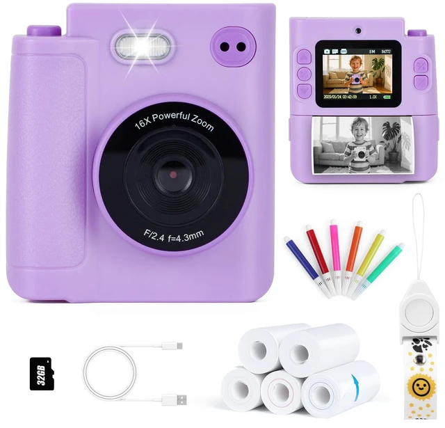 Main image of Kids Camera Instant Print, Gifts for Age 3-12 Kids, 5 Rolls Paper 1080P Dual-Lens HD 32G TF Card Selfie Toddler Digital Camera, Christmas Birthday Gifts for Age Boys & Girls (Purple)