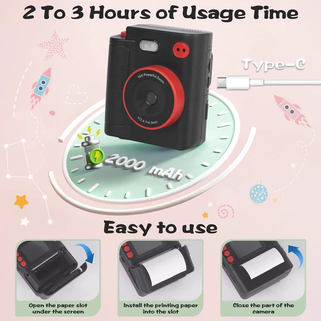 Alt view image 7 of 7 - Kids Camera Instant Print, Gifts for Age 3-12 Kids, 5 Rolls Paper 1080P Dual-Lens HD 32G TF Card Selfie Toddler Digital Camera, Christmas Birthday Gifts for Age Boys & Girls (Black)