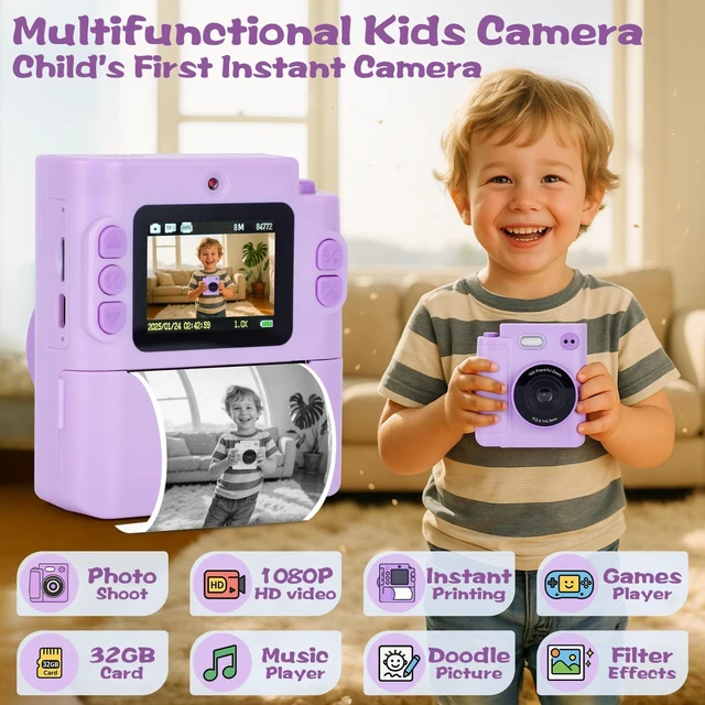 Alt view image 2 of 7 - Kids Camera Instant Print, Gifts for Age 3-12 Kids, 5 Rolls Paper 1080P Dual-Lens HD 32G TF Card Selfie Toddler Digital Camera, Christmas Birthday Gifts for Age Boys & Girls (Purple)