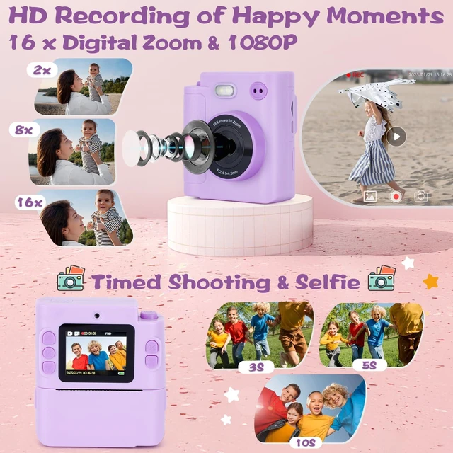 Alt view image 3 of 7 - Kids Camera Instant Print, Gifts for Age 3-12 Kids, 5 Rolls Paper 1080P Dual-Lens HD 32G TF Card Selfie Toddler Digital Camera, Christmas Birthday Gifts for Age Boys & Girls (Purple)