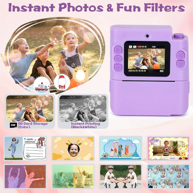 Alt view image 4 of 7 - Kids Camera Instant Print, Gifts for Age 3-12 Kids, 5 Rolls Paper 1080P Dual-Lens HD 32G TF Card Selfie Toddler Digital Camera, Christmas Birthday Gifts for Age Boys & Girls (Purple)