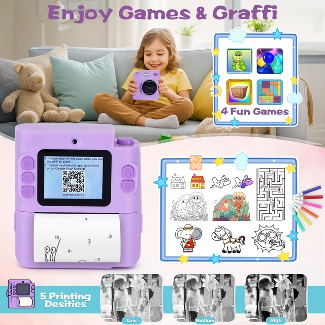 Alt view image 5 of 7 - Kids Camera Instant Print, Gifts for Age 3-12 Kids, 5 Rolls Paper 1080P Dual-Lens HD 32G TF Card Selfie Toddler Digital Camera, Christmas Birthday Gifts for Age Boys & Girls (Purple)