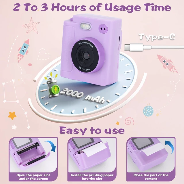 Alt view image 7 of 7 - Kids Camera Instant Print, Gifts for Age 3-12 Kids, 5 Rolls Paper 1080P Dual-Lens HD 32G TF Card Selfie Toddler Digital Camera, Christmas Birthday Gifts for Age Boys & Girls (Purple)