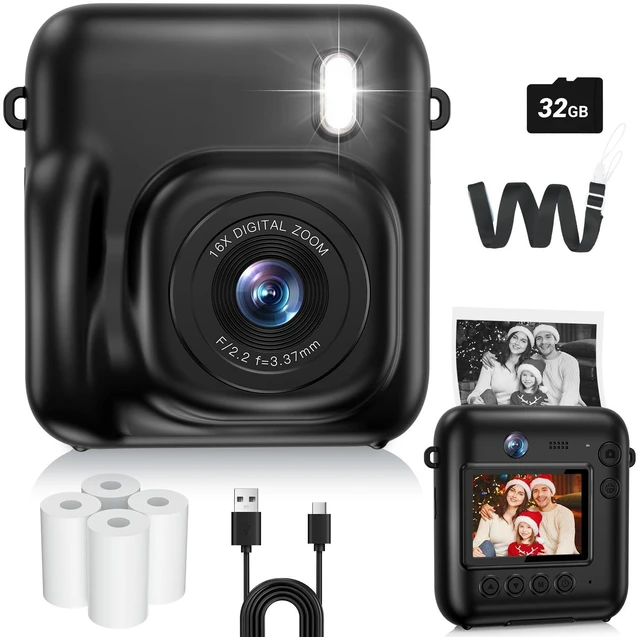 Main image of Kids Camera Instant Print, 1080P Dual-Lens Digital Camera for Kids, Black Selfie Video, Girls Boys Christmas Birthday Gifts, Portable Toddler for 4-12 Years Old, with 32GB Card