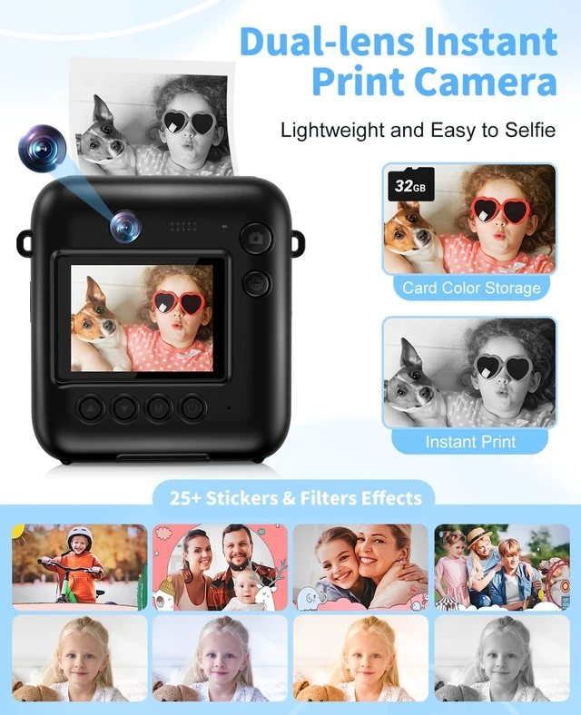 Alt view image 3 of 7 - Kids Camera Instant Print, 1080P Dual-Lens Digital Camera for Kids, Black Selfie Video, Girls Boys Christmas Birthday Gifts, Portable Toddler for 4-12 Years Old, with 32GB Card