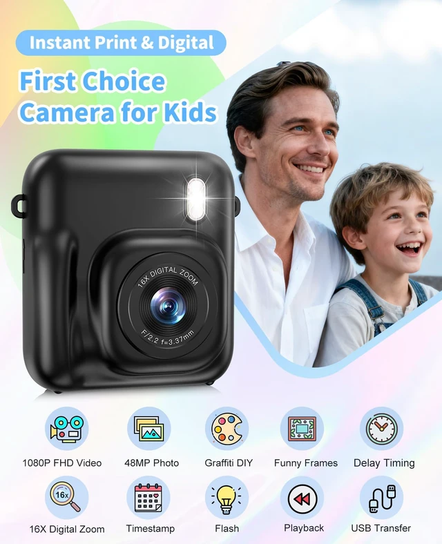 Alt view image 2 of 7 - Kids Camera Instant Print, 1080P Dual-Lens Digital Camera for Kids, Black Selfie Video, Girls Boys Christmas Birthday Gifts, Portable Toddler for 4-12 Years Old, with 32GB Card