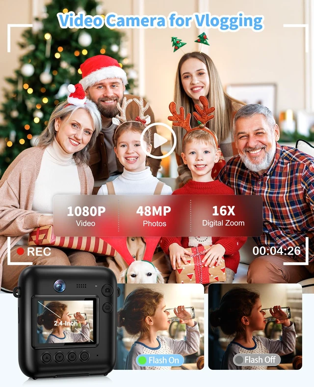 Alt view image 4 of 7 - Kids Camera Instant Print, 1080P Dual-Lens Digital Camera for Kids, Black Selfie Video, Girls Boys Christmas Birthday Gifts, Portable Toddler for 4-12 Years Old, with 32GB Card
