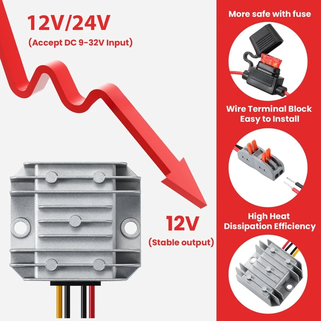 Alt view image 2 of 7 - 60W DC 9V-32V Step Down to 12V 5A Voltage Regulator for Golf Carts DC 24V Step Down to 12V 5A 60W Buck Converter with Fuse and Clamps, Power Supply Power Adapter for Golf Cart/Truck/RV/Solar