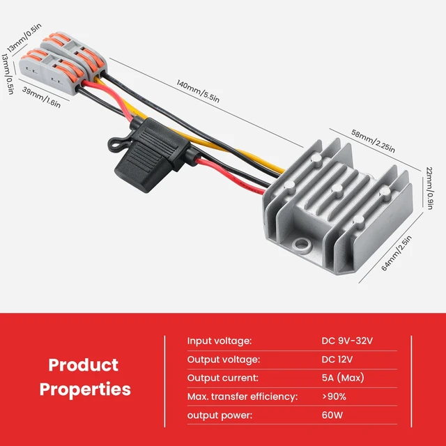 Alt view image 7 of 7 - 60W DC 9V-32V Step Down to 12V 5A Voltage Regulator for Golf Carts DC 24V Step Down to 12V 5A 60W Buck Converter with Fuse and Clamps, Power Supply Power Adapter for Golf Cart/Truck/RV/Solar