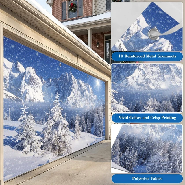 Alt view image 4 of 7 - Christmas Garage Door Cover 7x16ft Winter Forest Garage Door Banner Winter Forest Garage Door Banner Dreamy Flying Snow Scene Snowy Pine Forest Wonderland Holiday Outdoor Christmas Decorations
