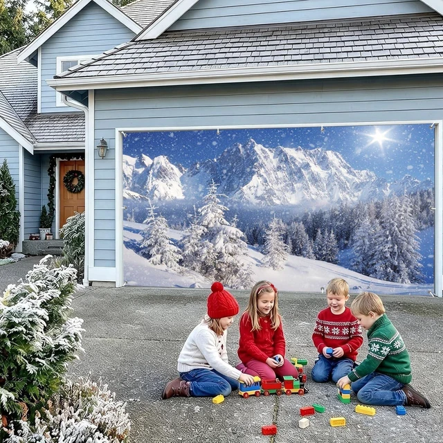 Alt view image 5 of 7 - Christmas Garage Door Cover 7x16ft Winter Forest Garage Door Banner Winter Forest Garage Door Banner Dreamy Flying Snow Scene Snowy Pine Forest Wonderland Holiday Outdoor Christmas Decorations