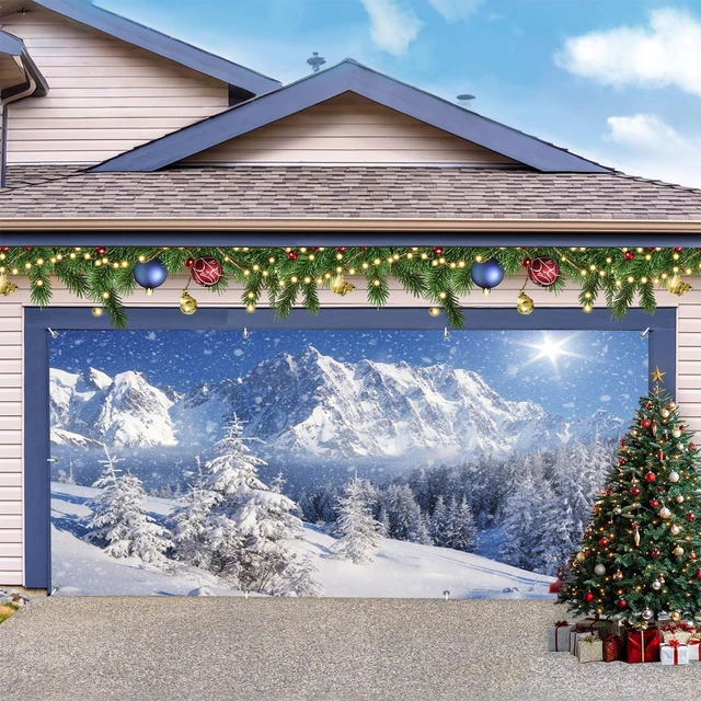 Alt view image 6 of 7 - Christmas Garage Door Cover 7x16ft Winter Forest Garage Door Banner Winter Forest Garage Door Banner Dreamy Flying Snow Scene Snowy Pine Forest Wonderland Holiday Outdoor Christmas Decorations