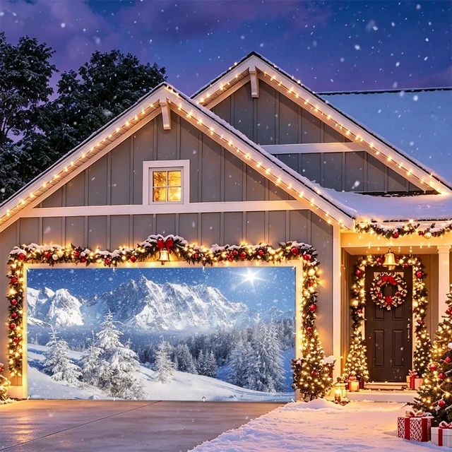 Alt view image 7 of 7 - Christmas Garage Door Cover 7x16ft Winter Forest Garage Door Banner Winter Forest Garage Door Banner Dreamy Flying Snow Scene Snowy Pine Forest Wonderland Holiday Outdoor Christmas Decorations