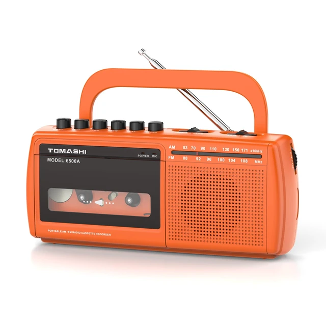 Main image of Cassette Tape Player Recorder, Portable Cassette Player AM/FM Radio Built-in Speaker & Headphone Jack, AC Power or 4 AA Batteries, Built-in Microphone, Flip-Away Handle, Retro Orange Design