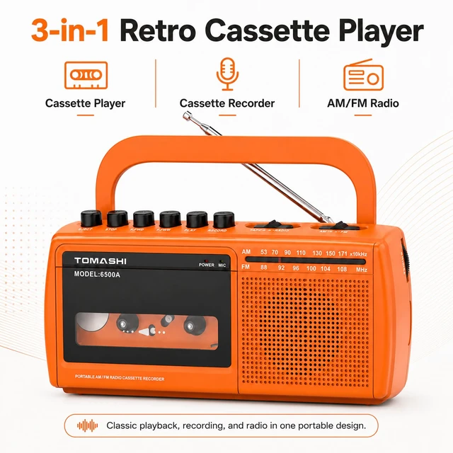 Alt view image 2 of 5 - Cassette Tape Player Recorder, Portable Cassette Player AM/FM Radio Built-in Speaker & Headphone Jack, AC Power or 4 AA Batteries, Built-in Microphone, Flip-Away Handle, Retro Orange Design