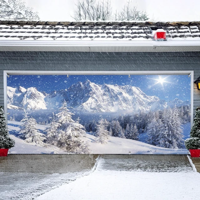 Alt view image 2 of 7 - Christmas Garage Door Cover 7x16ft Winter Forest Garage Door Banner Winter Forest Garage Door Banner Dreamy Flying Snow Scene Snowy Pine Forest Wonderland Holiday Outdoor Christmas Decorations