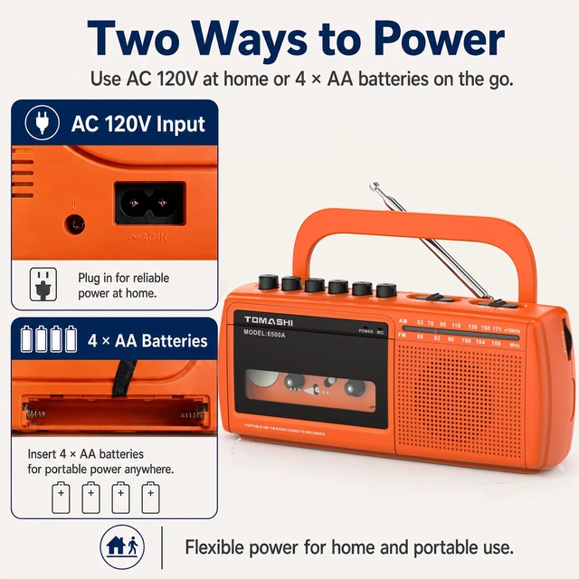Alt view image 3 of 5 - Cassette Tape Player Recorder, Portable Cassette Player AM/FM Radio Built-in Speaker & Headphone Jack, AC Power or 4 AA Batteries, Built-in Microphone, Flip-Away Handle, Retro Orange Design
