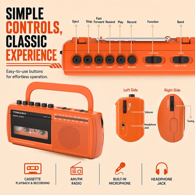 Alt view image 4 of 5 - Cassette Tape Player Recorder, Portable Cassette Player AM/FM Radio Built-in Speaker & Headphone Jack, AC Power or 4 AA Batteries, Built-in Microphone, Flip-Away Handle, Retro Orange Design