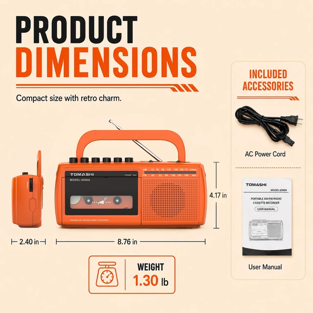 Alt view image 5 of 5 - Cassette Tape Player Recorder, Portable Cassette Player AM/FM Radio Built-in Speaker & Headphone Jack, AC Power or 4 AA Batteries, Built-in Microphone, Flip-Away Handle, Retro Orange Design