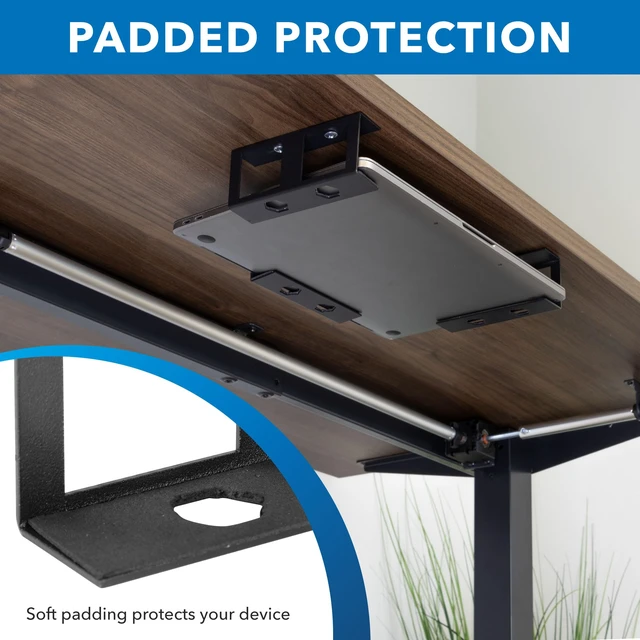 Alt view image 5 of 7 - Under Desk Laptop Mount Holder, Laptop Mount for Desk, Space Saver Small Multimedia Device Bracket Underdesk Shelf for Notebook, Mac mini, MacBook, Keyboard, Anti Scratch, Black