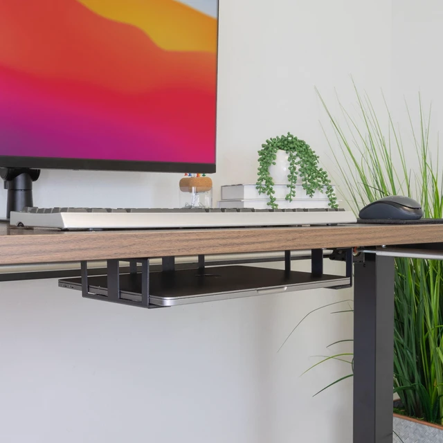 Alt view image 7 of 7 - Under Desk Laptop Mount Holder, Laptop Mount for Desk, Space Saver Small Multimedia Device Bracket Underdesk Shelf for Notebook, Mac mini, MacBook, Keyboard, Anti Scratch, Black