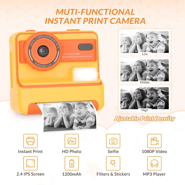 Alt view image 2 of 7 - Kids Camera Instant Print,1080P Instant Camera for Kids,Selfie Digital Camera with 2.4 Inch Display 1200 mAh Battery,3-12 yrs Girls Boys Toys Presents for Birthday/Xmas/Holiday,Orange