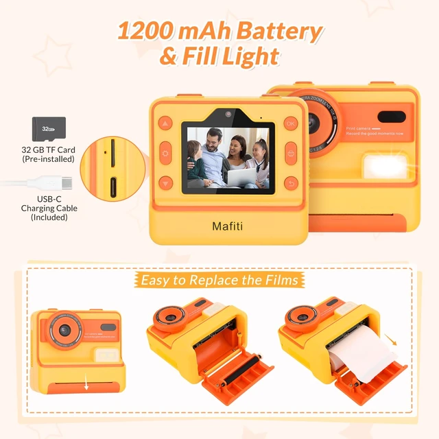 Alt view image 6 of 7 - Kids Camera Instant Print,1080P Instant Camera for Kids,Selfie Digital Camera with 2.4 Inch Display 1200 mAh Battery,3-12 yrs Girls Boys Toys Presents for Birthday/Xmas/Holiday,Orange