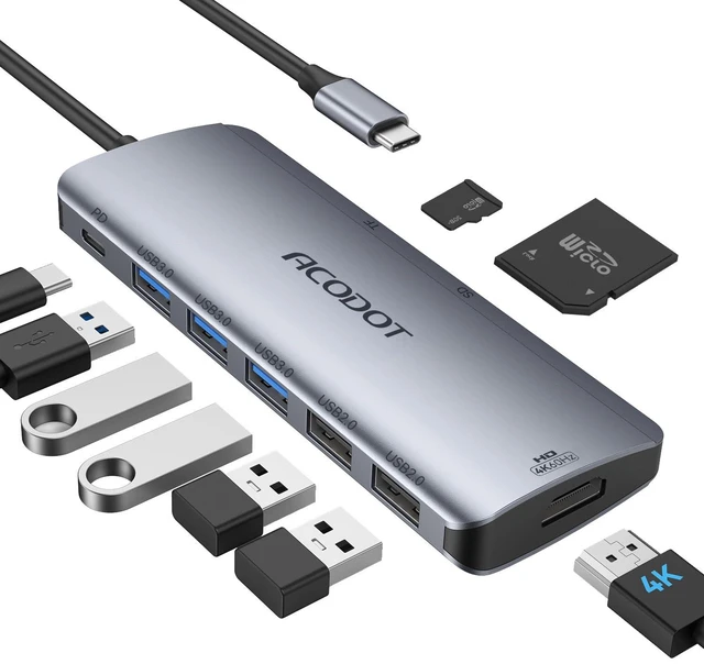 Main image of 9-in-1 USB C Hub Multiport Adapter, 4K@60Hz USBC to HDMI Splitter 100W Max PD, 5 USB Data Ports (3×5Gbps + 2×USB 2.0), SD/TF Card Reader, for Laptops/Mac and Other Type C Devices