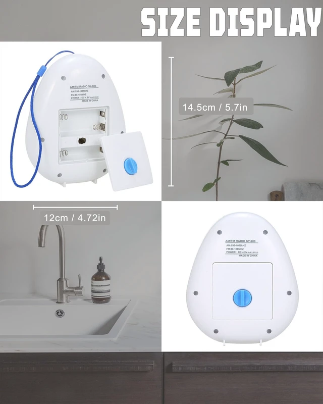 Alt view image 7 of 7 - Shower Radio, Portable AM/FM Radio with Large Rotary Knobs ABS Material, Rotary Knobs for Easy Tuning, Splash Proof, For Bathroom, Kitchen, Outdoor, Travel