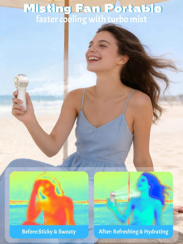 Alt view image 5 of 7 - Misting Fans, Portable Handheld Personal Fan with Water Spray, Mini White USB Rechargeable Fan with 4 Speed, Cooling Mist for Summer Travel, Tournament, Outdoors, Makeup, Home Office Use