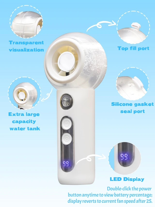 Alt view image 7 of 7 - Misting Fans, Portable Handheld Personal Fan with Water Spray, Mini White USB Rechargeable Fan with 4 Speed, Cooling Mist for Summer Travel, Tournament, Outdoors, Makeup, Home Office Use